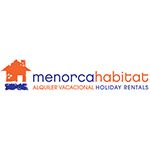 Logotipo de Menorca Habitat con casa naranja y texto "alquiler vacacional" en español e inglés.