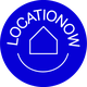 Imagen de un círculo azul con un ícono de casa y la palabra "LOCATIONOW" en blanco.
