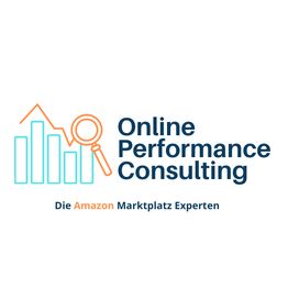 Logo mit Balkendiagramm, Lupe und Text: "Online Performance Consulting, Die Amazon Marktplatz Experten".