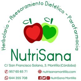 Logotipo de NutriSana con dos manzanas y contacto en Montilla, Córdoba.