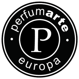 Logo circular negro de Perfumarte Europa con la letra "P" en el centro.