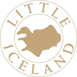 Logo mit brauner Inselumriss, umgeben von den Worten "Little Iceland" im Kreis.
