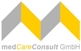 Logo von medCareConsult GmbH mit gelb-grauen M-Formen.