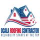 Roofing contractor logo with houses, American flag design, and text: "Reliability starts at the top."