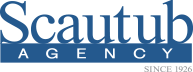 Scautub Agency logo with blue text, established in 1926.