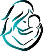 Abstrakte Zeichnung einer Mutter mit ihrem Baby in blau und schwarz.