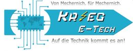 Logo mit blauem Schaltkreis-Pfeil, Text: "KRIEG E-Tech, Auf die Technik kommt es an!"