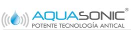 Logotipo de Aquasonic con texto: "Potente tecnología antical" y gota de agua.