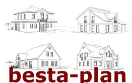 Skizzen von vier Häusern mit "besta-plan" in roter Schrift unten.