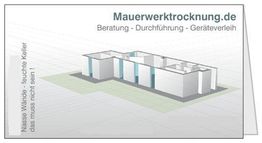 3D-Modell eines Gebäudes mit Text zu Mauerwerktrocknung und Dienstleistungen oben und links.