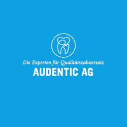 Blaues Logo der Audentic AG mit Zahn-Icon und Slogan "Die Experten für Qualitätszahnersatz".