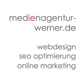 Text „medienagentur-werner.de“, Webdesign, SEO, Online-Marketing; Buchstabe „e“ in Rot.