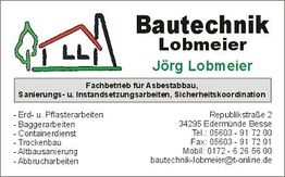 Visitenkarte von Bautechnik Lobmeier, spezialisierter Fachbetrieb für Bau- und Sanierungsarbeiten.