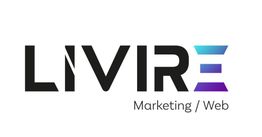 Logo de Livire con texto: "Marketing/Web" y letras en degradado negro a azul y morado.