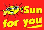 Fröhliche Sonne mit Sonnenbrille neben dem Text "Sun for you" auf rotem Hintergrund.