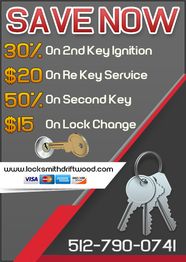 Discounts on key services: 30% ignition, $20 rekey, 50% second key, $15 lock change.