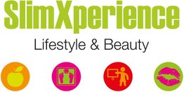 SlimXperience logo met symbolen: appel, weegschaal, persoon bij scherm en kussende lippen.