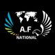 Logo: Weltkarte, Buchstaben "A.F", stilisierte Flügel in Blau/Grün und Schwarz/Weiß, Text "NATIONAL".