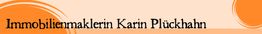 Text: "Immobilienmaklerin Karin Plückhahn" auf orangefarbenem Hintergrund mit Kreismuster.