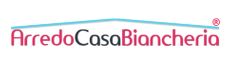 Logo di "Arredo Casa Biancheria" con testo in rosso e nero sotto una linea azzurra curva.