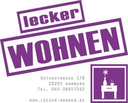 Lila Logo mit Text "lecker WOHNEN", Adresse und Telefon, Symbol mit Möbel und Vase.