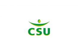 Logo van CSU met groen-gele tekst en vorm van persoon erboven.