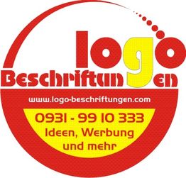 Rotes und gelbes Logo mit "logo Beschriftungen", Telefonnummer und Slogan "Ideen, Werbung und mehr".