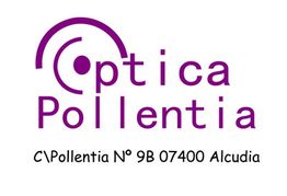Texto: Óptica Pollentia, dirección: C\Pollentia Nº 9B 07400 Alcudia. Letras moradas.
