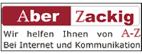 Logo mit Text: "Aber Zackig - Wir helfen Ihnen von A-Z bei Internet und Kommunikation".