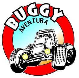 Logotipo con un buggy y texto "Buggy Aventura" en un círculo rojo y fondo azul.