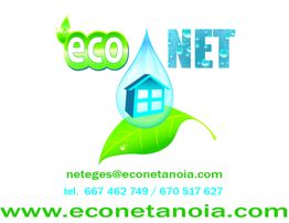 Logotipo de EcoNet con una casa en gota de agua y hoja, e información de contacto en verde.