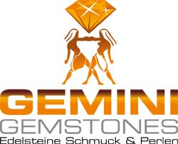 Logo von Gemini Gemstones mit Zwillingen und Diamant; Text: "Edelsteine Schmuck & Perlen".