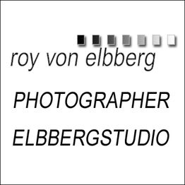 Logo mit Text: "roy von elbberg", "PHOTOGRAPHER", "ELBBERGSTUDIO", darüber graue Quadrate.