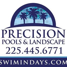 Logo for Precision Pools & Landscape with palm trees and contact info.