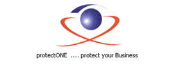Logo mit blauem Kreis und roten Linien. Text darunter: "protectONE ... protect your Business".