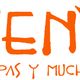 "Oranje tekst 'BUENO' met zonontwerp en daaronder 'Tapas y Mucho' in rood."