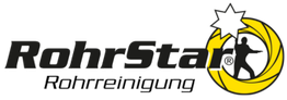 Logo von RohrStar mit einem gelben Stern und einer Figur, die eine Pfeife hält.