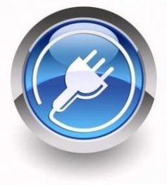 Icona blu di una spina elettrica in un cerchio argentato.