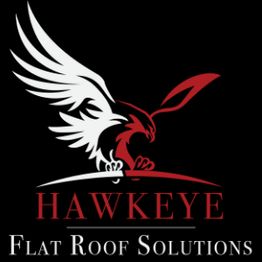 Logo of Hawkeye Flat Roof Solutions with an eagle graphic above the text.