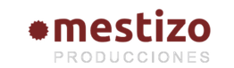 Logo de Mestizo Producciones con texto en marrón y gris, y un símbolo circular a la izquierda.