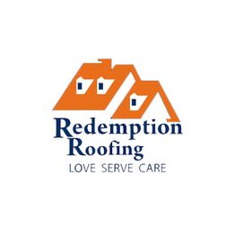 Logo of Redemption Roofing with orange rooftops and the slogan "Love Serve Care."