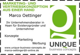 Visitenkarte von Unique Business Concepts, Marketing- und Vertriebskonzepte von Marco Oettinger.