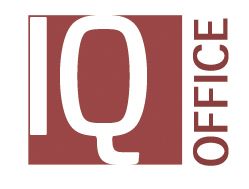 Rotes Logo mit den weißen Buchstaben "IQ OFFICE" auf rotem Hintergrund.