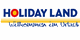Logo von Holiday Land mit dem Slogan „Willkommen im Urlaub” in blauer Schrift.