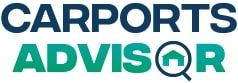 Logo of Carports Advisor with a house icon inside a magnifying glass symbol.