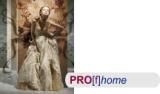 Frau in kunstvollem Kleid auf surrealem Hintergrund, Schriftzug "PRO home" daneben.