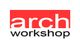 Logo con scritta "arch workshop" su sfondo rosso e bianco.
