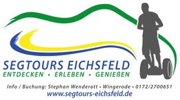 Segway-Fahrer-Silhouette, Text: "Segtours Eichsfeld", Website und Kontaktdetails darunter.