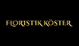 „Floristik Köster“-Schriftzug in goldener Schrift auf schwarzem Hintergrund.