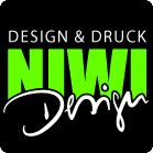 Schwarzes Logo mit "DESIGN & DRUCK NIWI Design" in grüner und weißer Schrift.